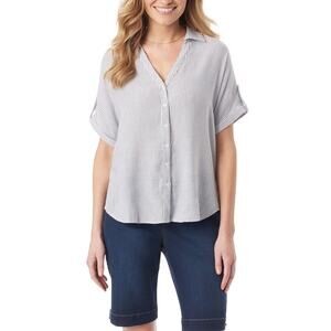 Gloria Vanderbilt Demi Short-Sleeve Button Front Shirt Navy Stripe NWT Large
